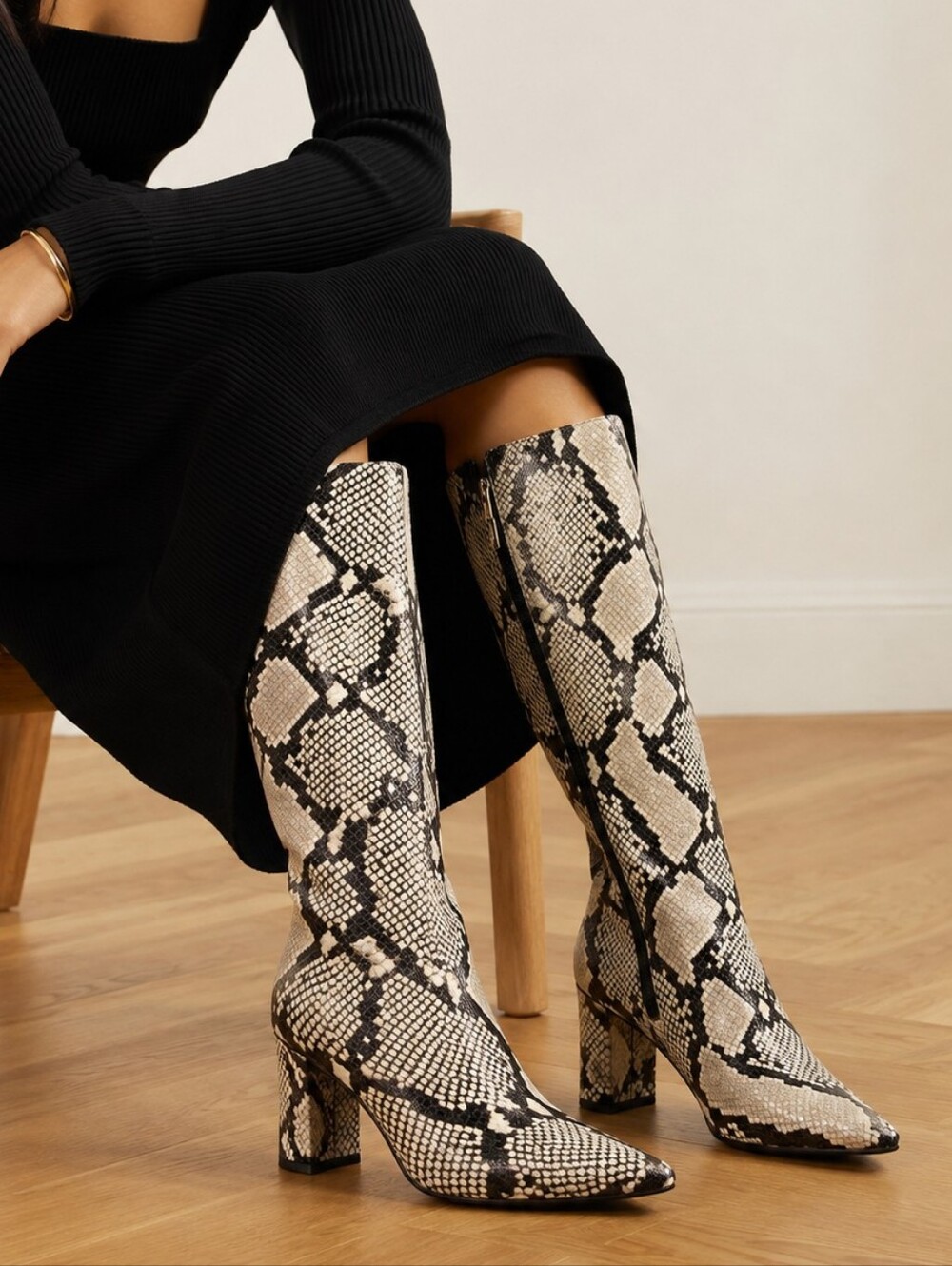 Pre-Loved INC Paiton Cream Black Snakeskin Pointed-Toe Knee-High Boots
